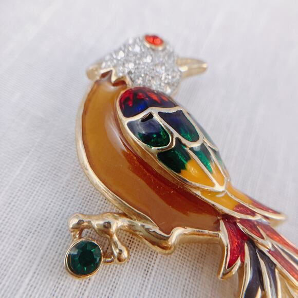 Vintage Premier Designs Enamel Bird Brooch – Gold Tone, Rhinestones, 1980s 1990s - Picture 5 of 10